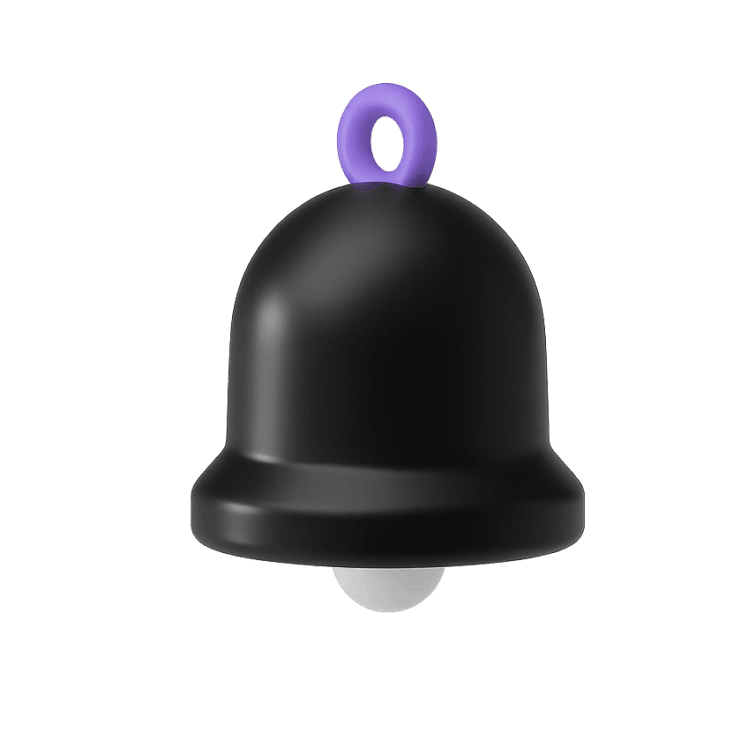 3D-rendered black bell with purple loop and white clapper, suggesting a notification or alert.