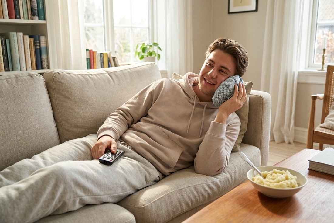 Young adult recovering at home with an ice pack and soft food after wisdom teeth removal