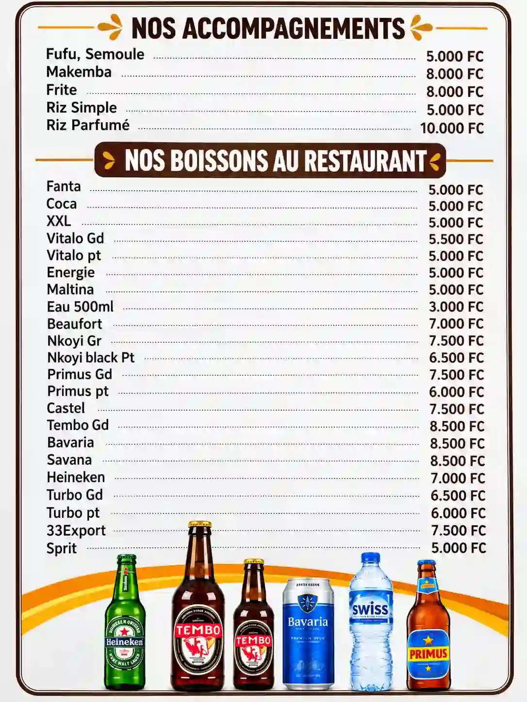 Page du menu présentant les accompagnements et les boissons du restaurant.