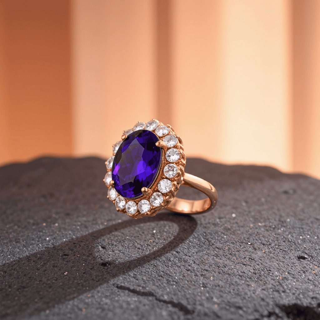 product photography of a decorative ring with a central gemstone