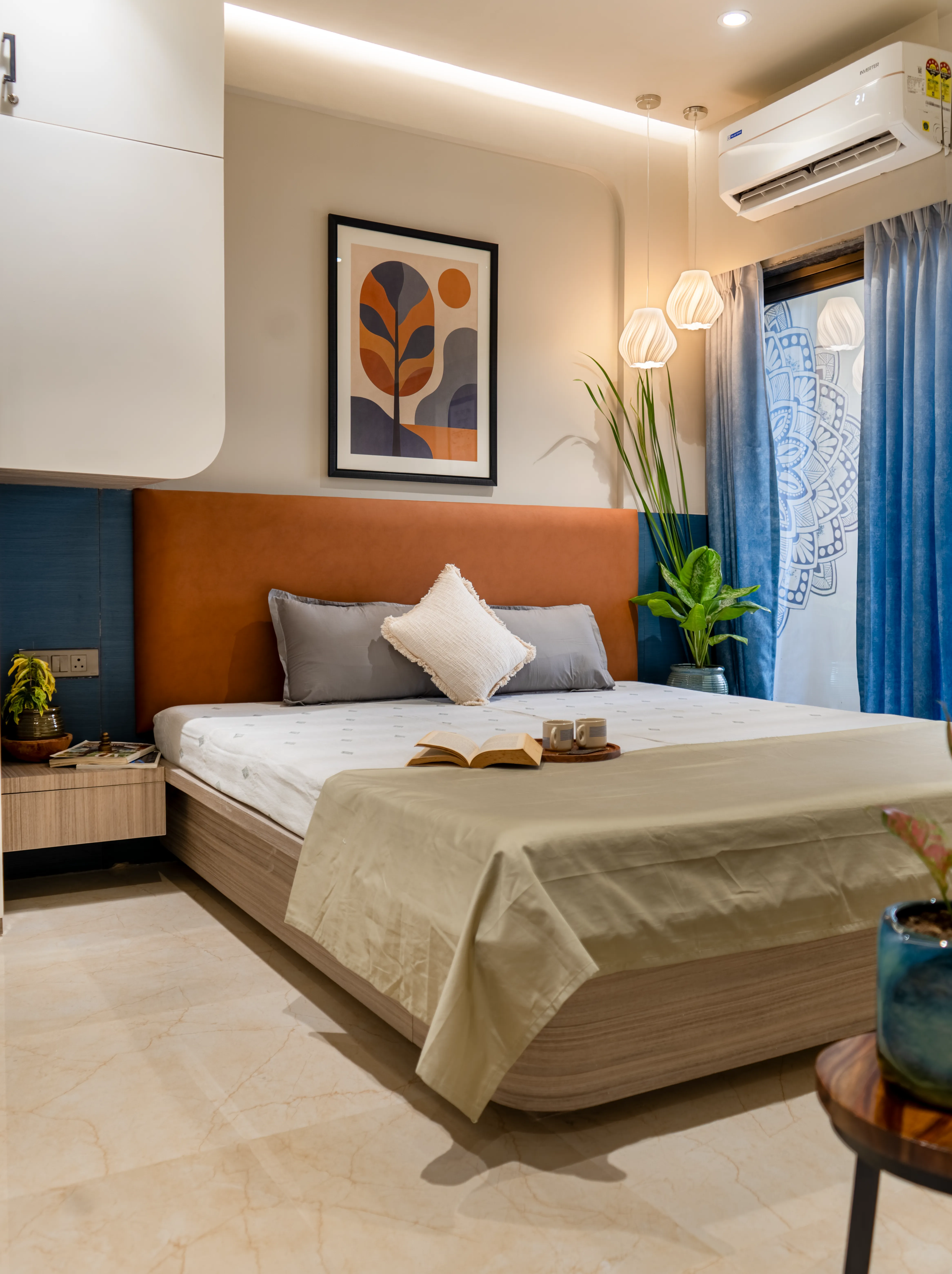 Modern Classic bedroom with AC, comfortable bed, pillows