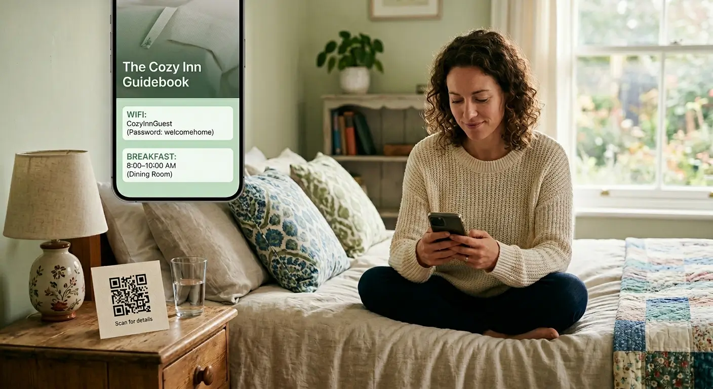 B&B guest opening the property's digital guidebook on a phone beside a QR code card