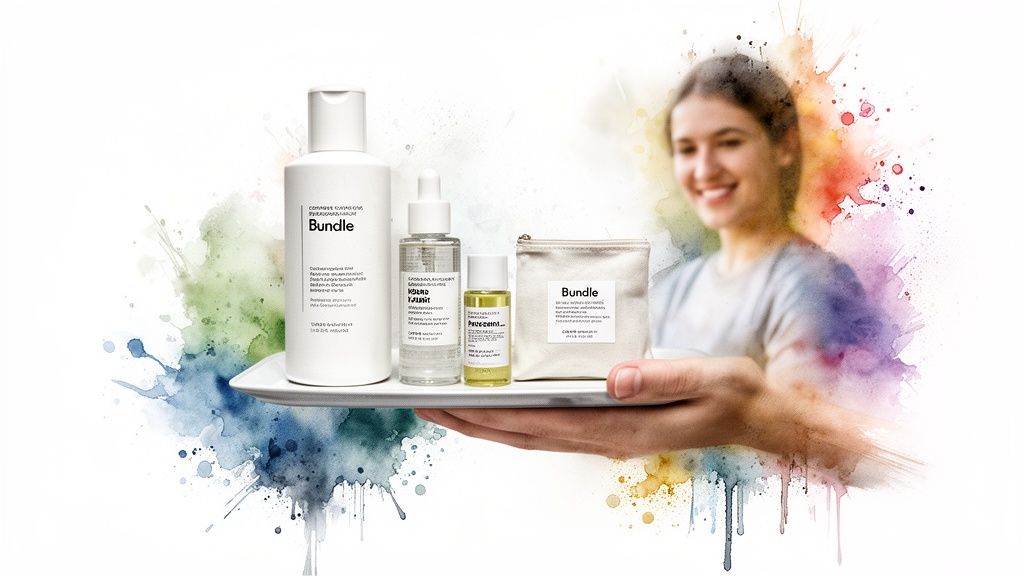Smiling woman holds a tray featuring a skincare bundle with a bottle, serum, oil, and canvas pouch.