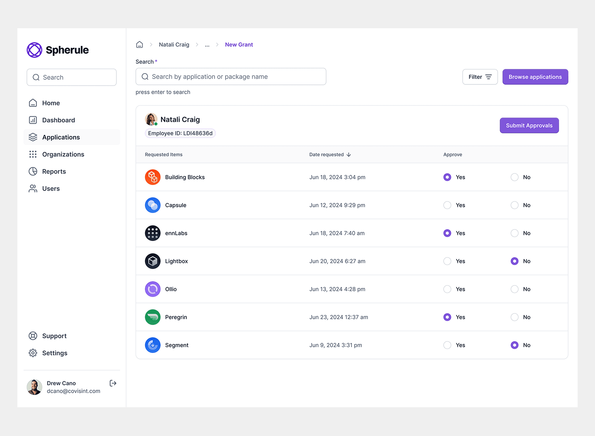 new grant workflow for employee Natali Craig showing a list of application access requests including Building Blocks, Capsule, ennLabs, and Lightbox with approve/deny toggles