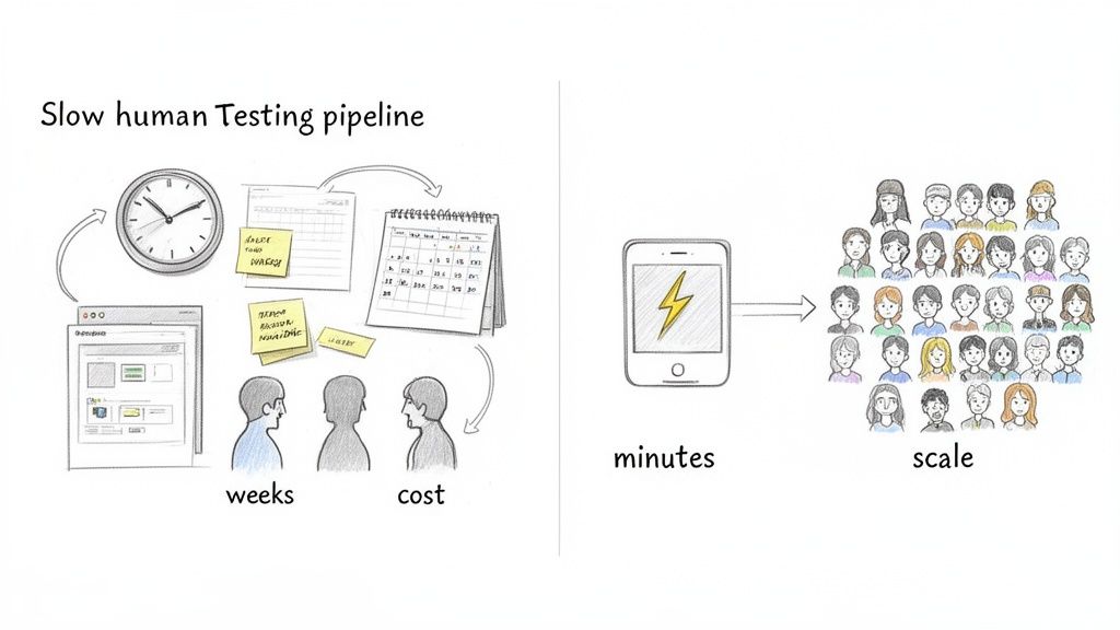 Diagram comparing slow human software testing over weeks with fast,scalable automated testing in minutes.