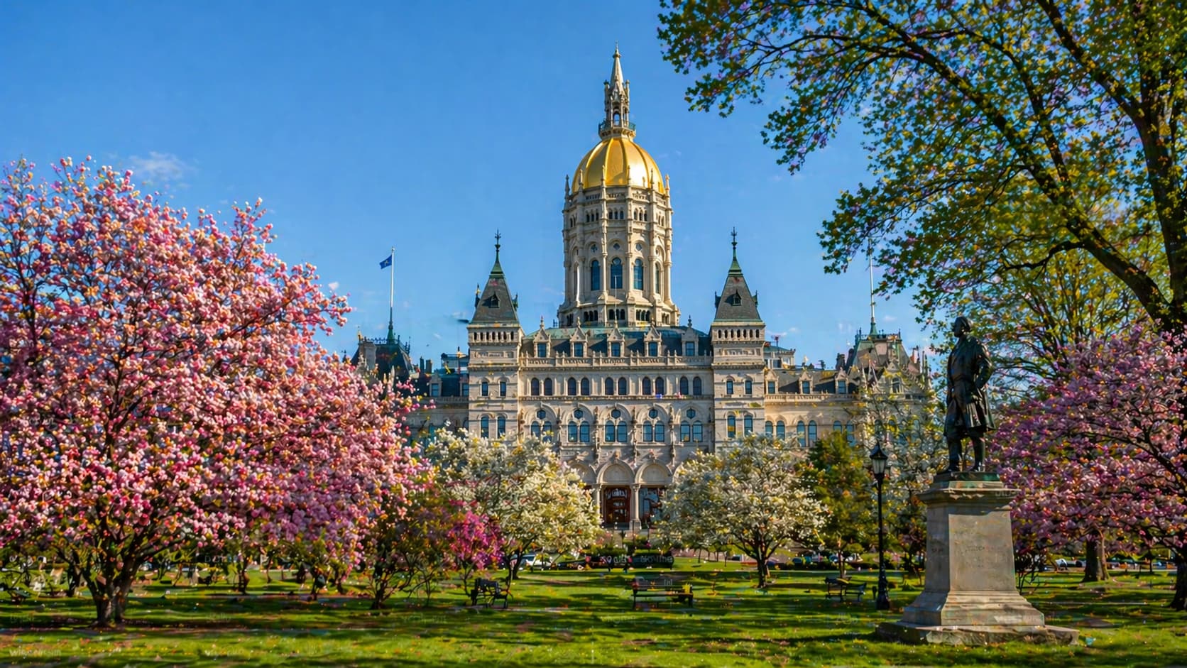 Hartford city skyline with historic buildings and trees during a sunny day