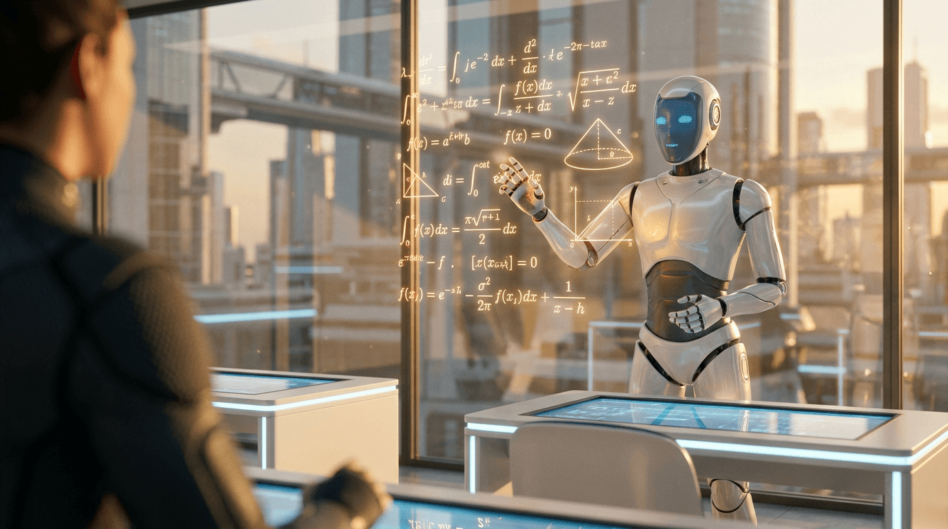 Robô de inteligência artificial ensinando matemática para humano em laboratório tecnológico, educação com IA e aprendizado automatizado