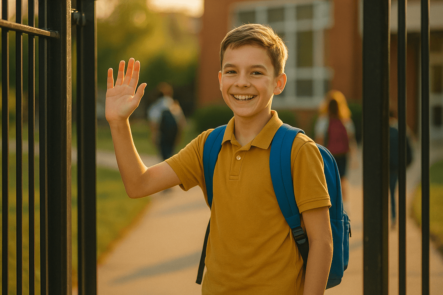 11-year-old child confidently waving goodbye at school entrance showing calm determination
