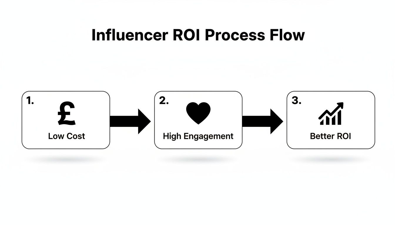 Influencer ROI process flow diagram showing steps: low cost, high engagement, and better return.