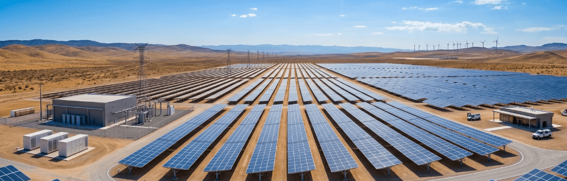 Extensive solar panel field in foreground, modern city skyline at sunset.