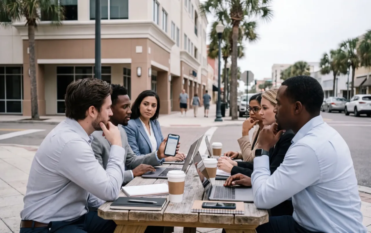 RockN' Socials team strategizes digital marketing at an outdoor meeting.
