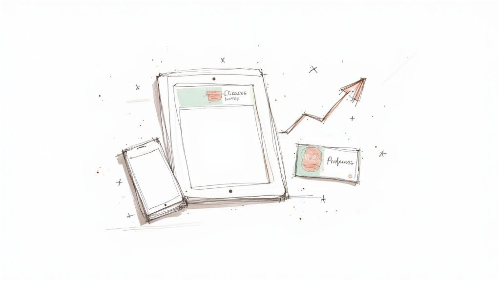 A hand-drawn sketch depicting a smartphone, tablet, growth chart, and business notes.