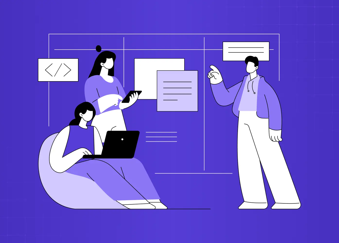 Illustration of a design and engineering team collaborating around code, documentation, and product decisions.