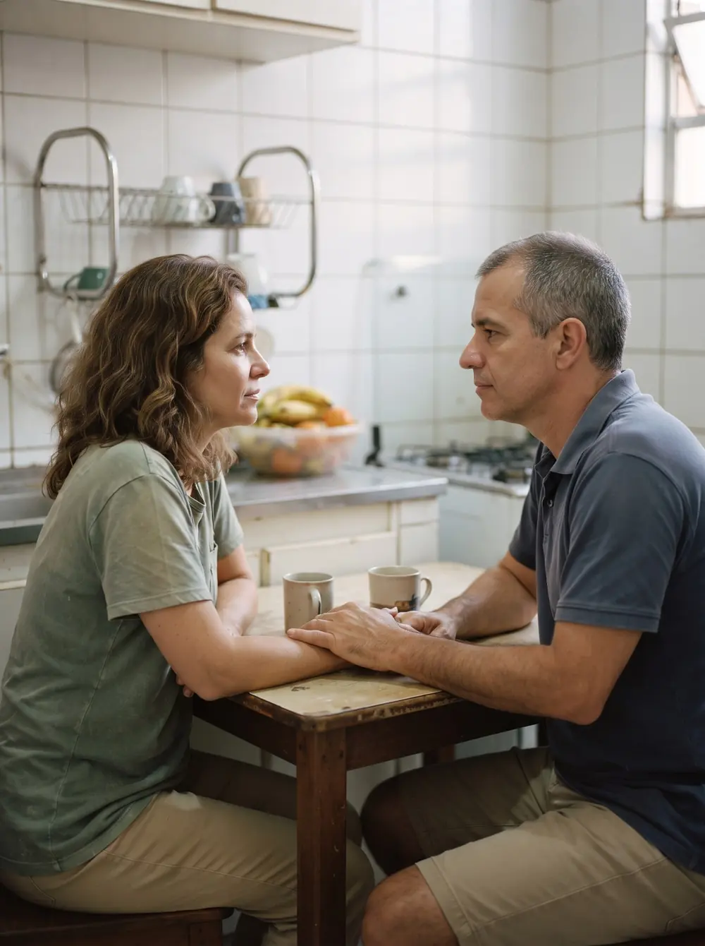 Casal à mesa da cozinha, conversando com seriedade, a mão dele sobre a dela, duas canecas entre eles.