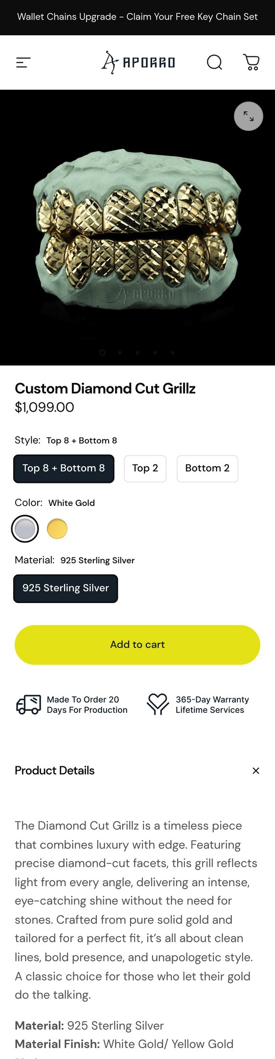 Jewelry product options include:  for Custom Diamond Cut Grillz from APORRO.