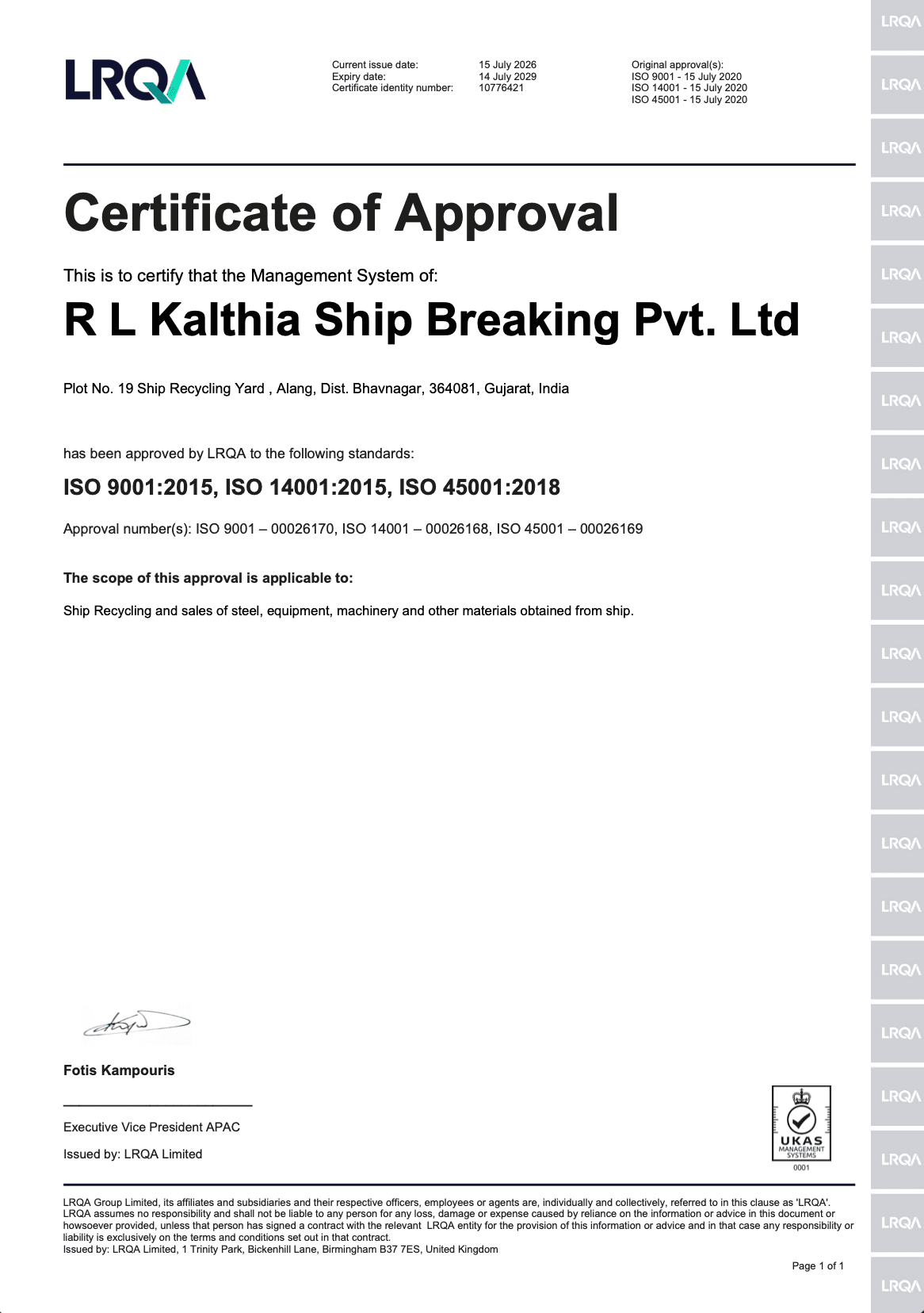 LRQA Certificate of Approval for R.L. Kalthia Ship Breaking Pvt. Ltd. certifying ISO 9001:2015, ISO 14001:2015, and ISO 45001:2018 compliance for quality, environmental, and occupational health safety management systems