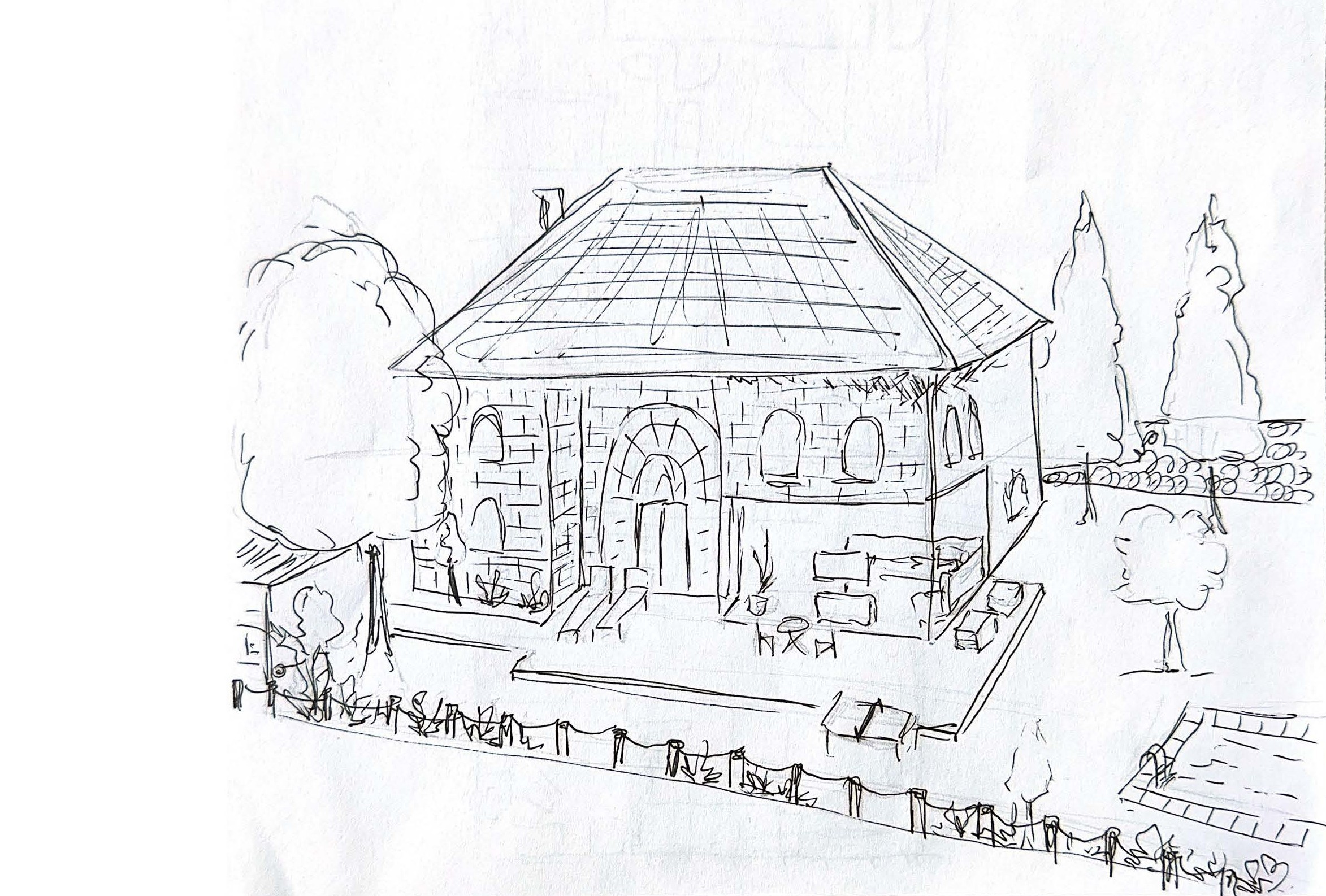 Isometrische Zeichnung eines Bauprojekts mit mehreren Gebäuden und markierten Strukturen in Rot