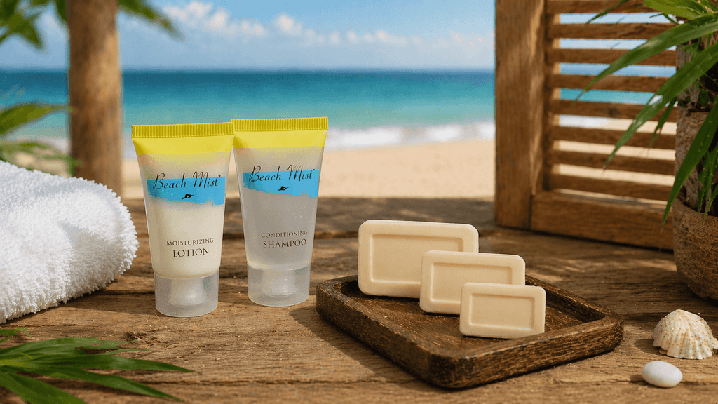 Beach Mist conditioning shampoo and moisturizing lotion floating in green spa-style pool water, hotel amenities by Transmacro Amenities