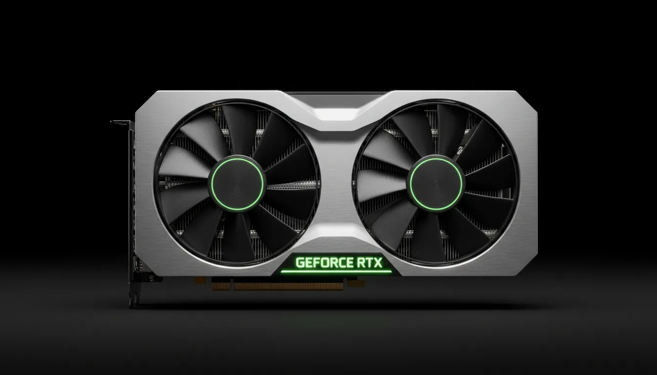 DSLR product photography of a modern NVIDIA GeForce RTX graphics card, side-on profile view, centered against a pure black background. Soft studio lighting creates dramatic contrast, highlighting the sleek brushed silver metallic casing and the intricate black dual axial fans and fin-stack. The entire graphics card is in sharp focus, capturing every high-fidelity detail.