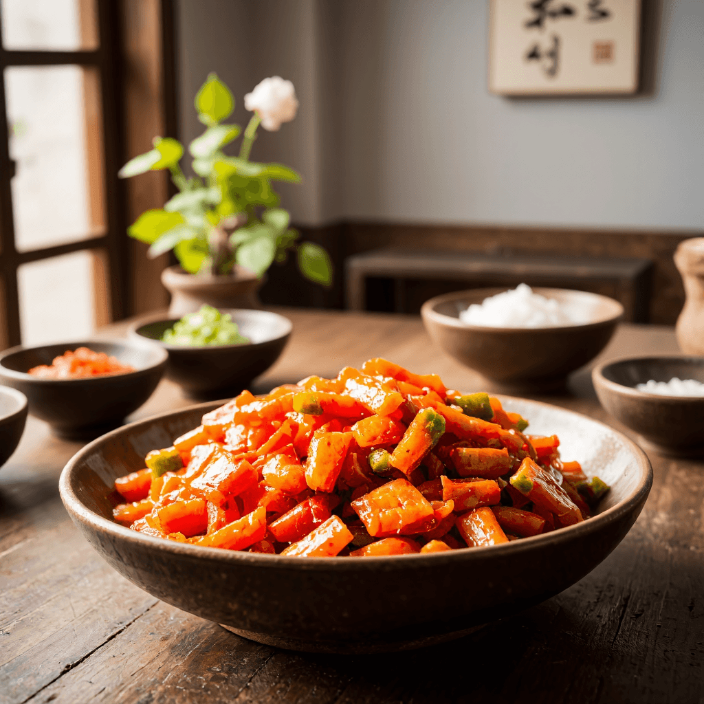 product photography of a plate of fermented vegetables, typically used as a side dish