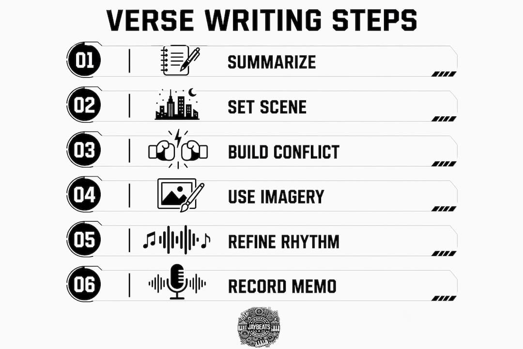Infographic illustrating steps to write engaging song verses