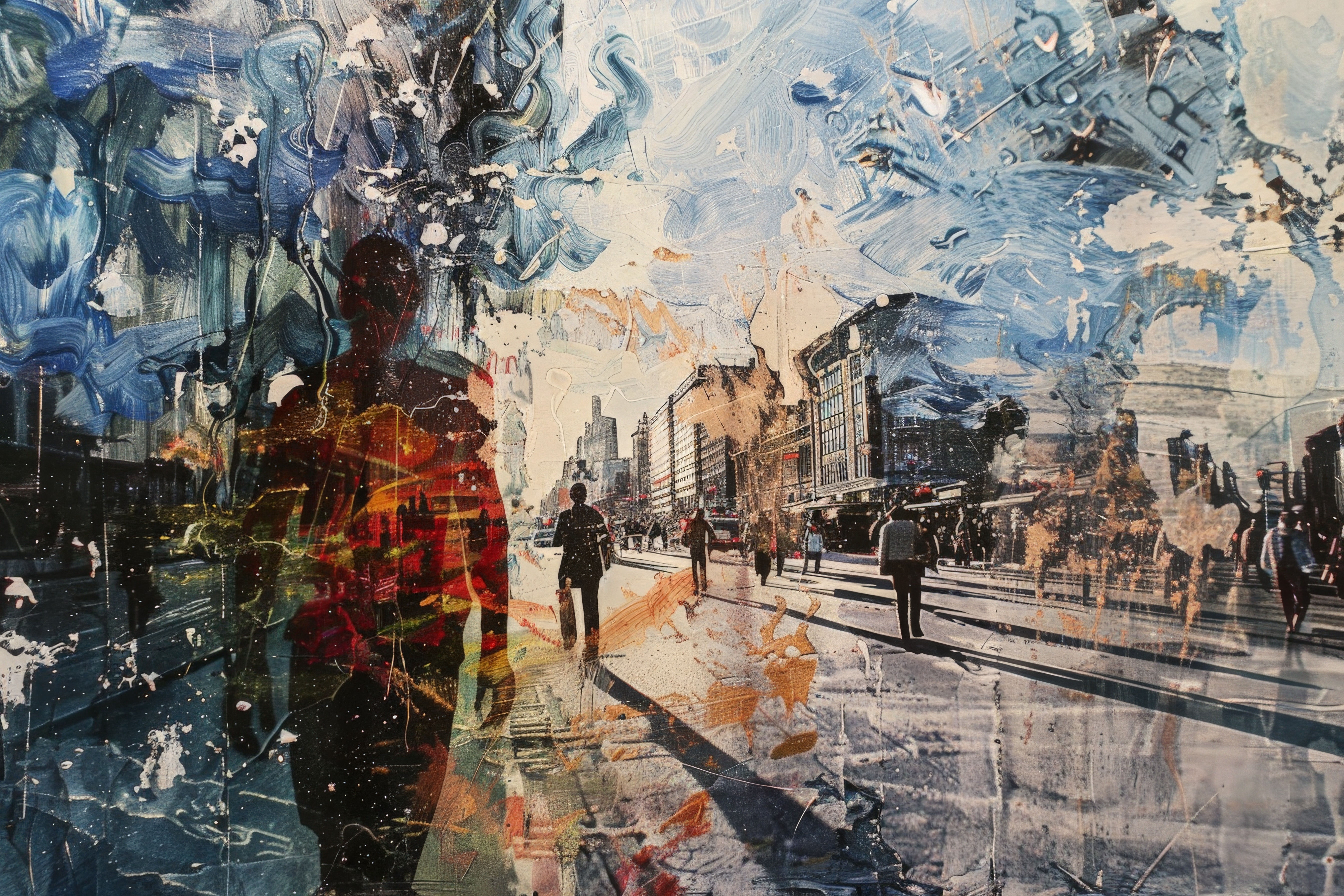 A bustling city moment abstracted through layered pigments and softened silhouettes, evoking rhythm, movement, and urban life.