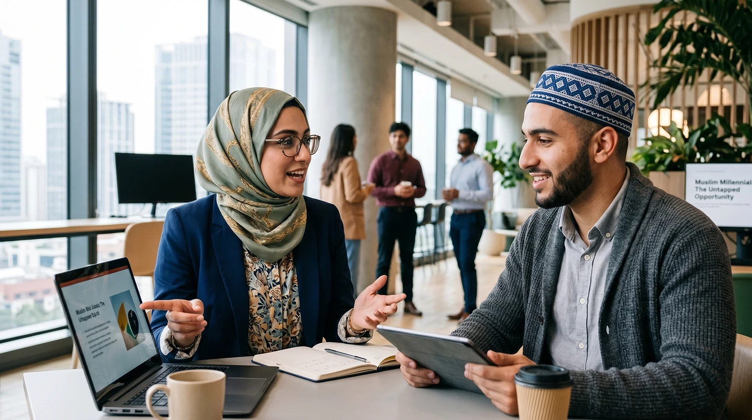 Muslim professionals discussing business strategy in modern office for mediareach multicultural marketing campaigns
