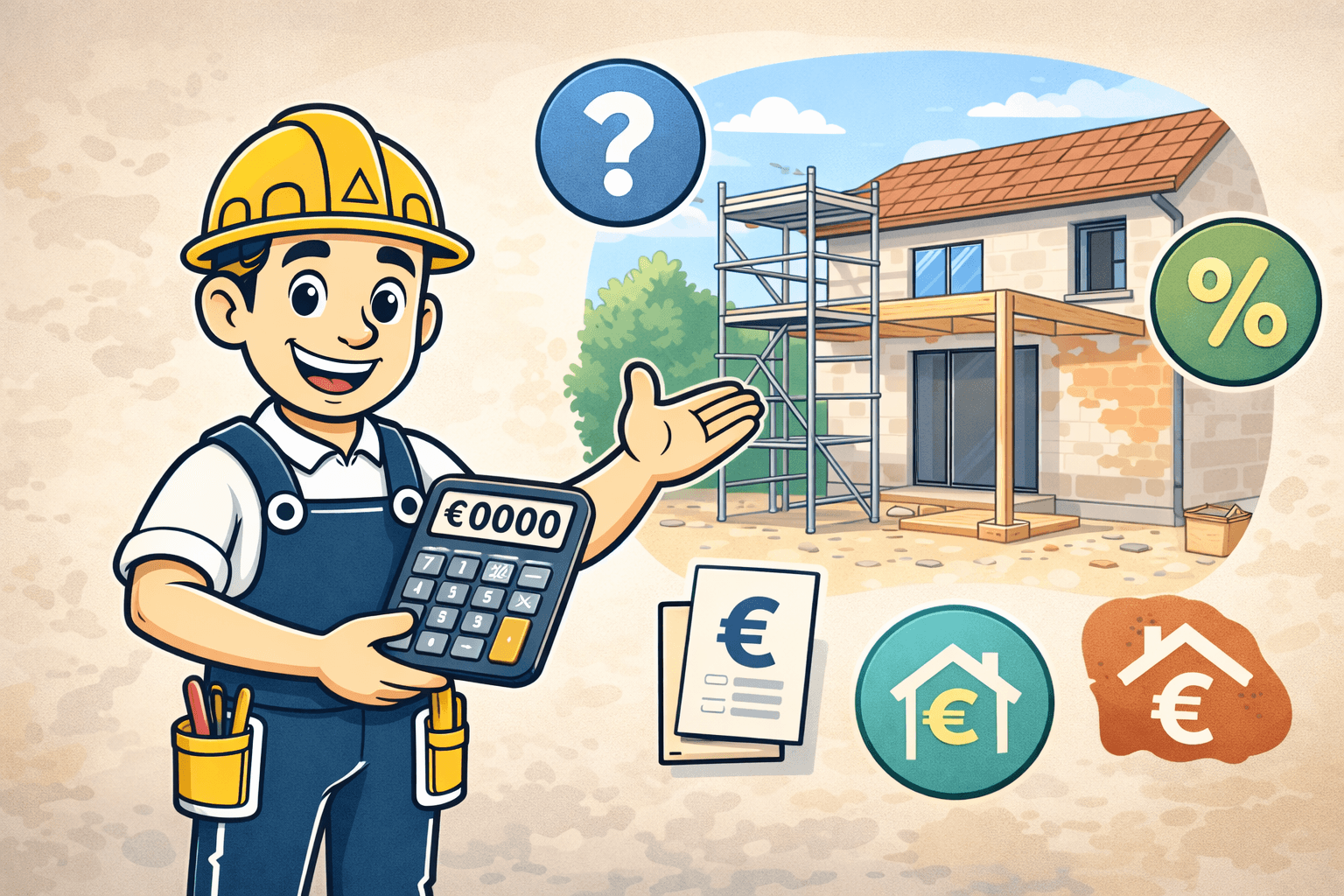 Illustration d’un artisan supervisant des travaux de rénovation énergétique dans une maison avec isolation et équipements de chauffage.