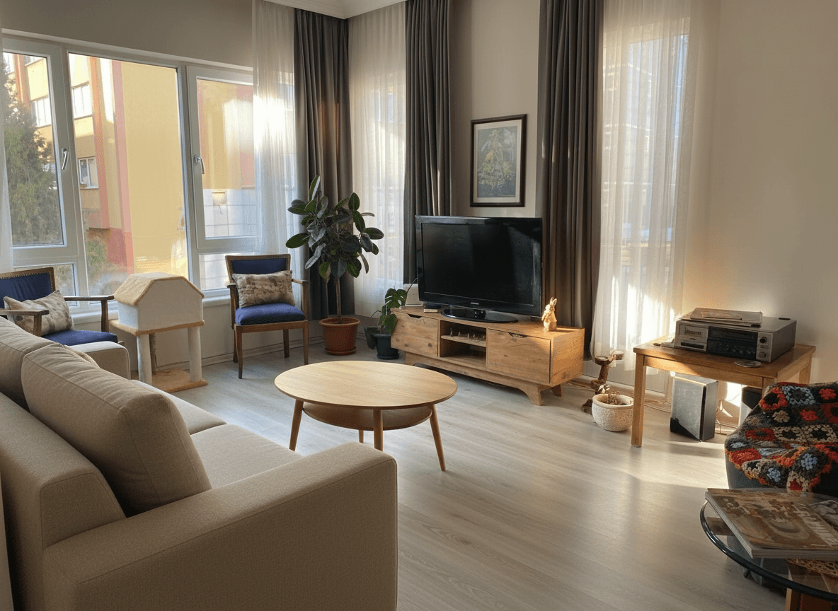 AI room design output, Scandinavian minimal living room with light oak floors and grey sofa