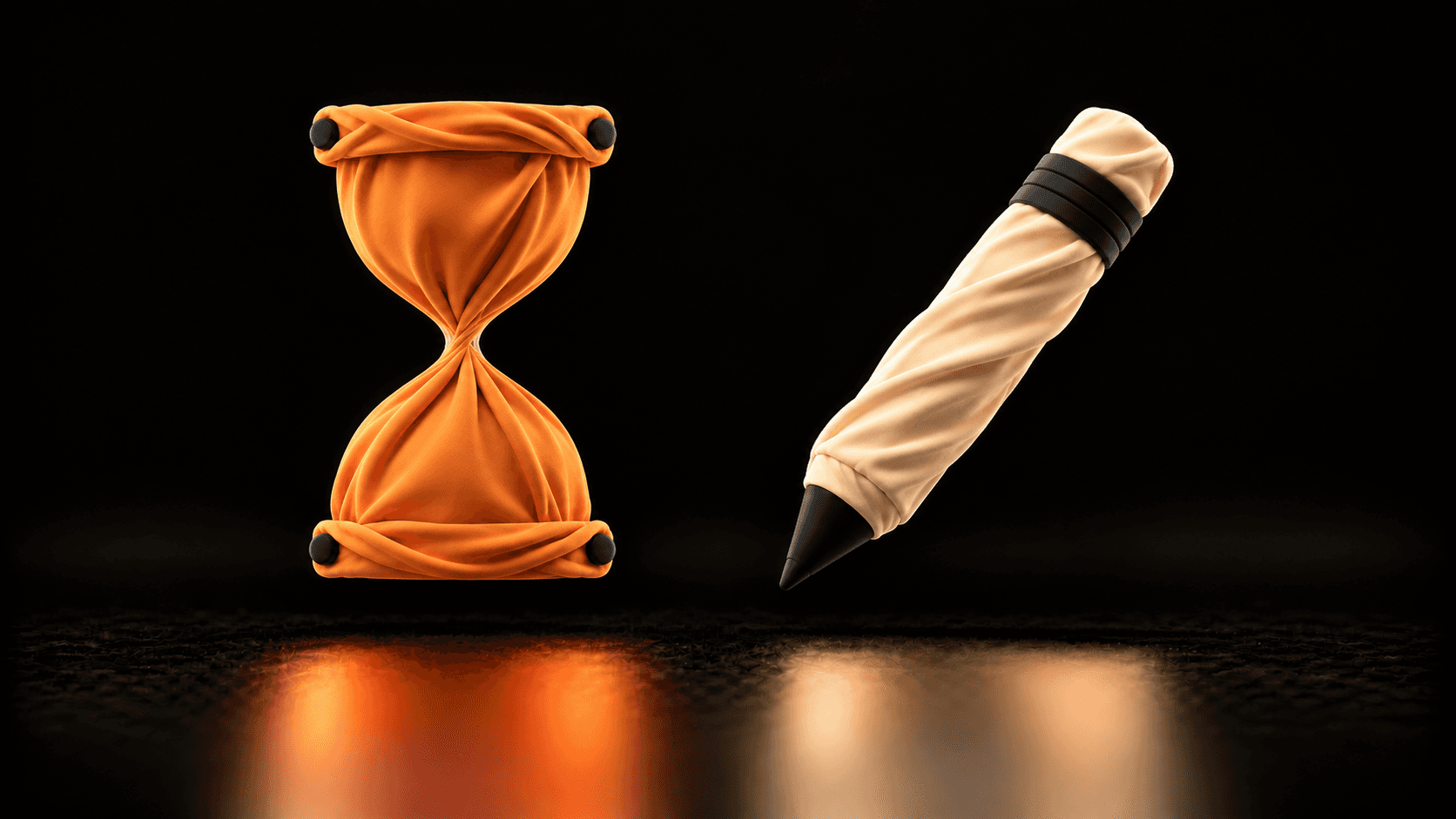 An orange cloth hourglass floats beside a separate cream cloth pencil
