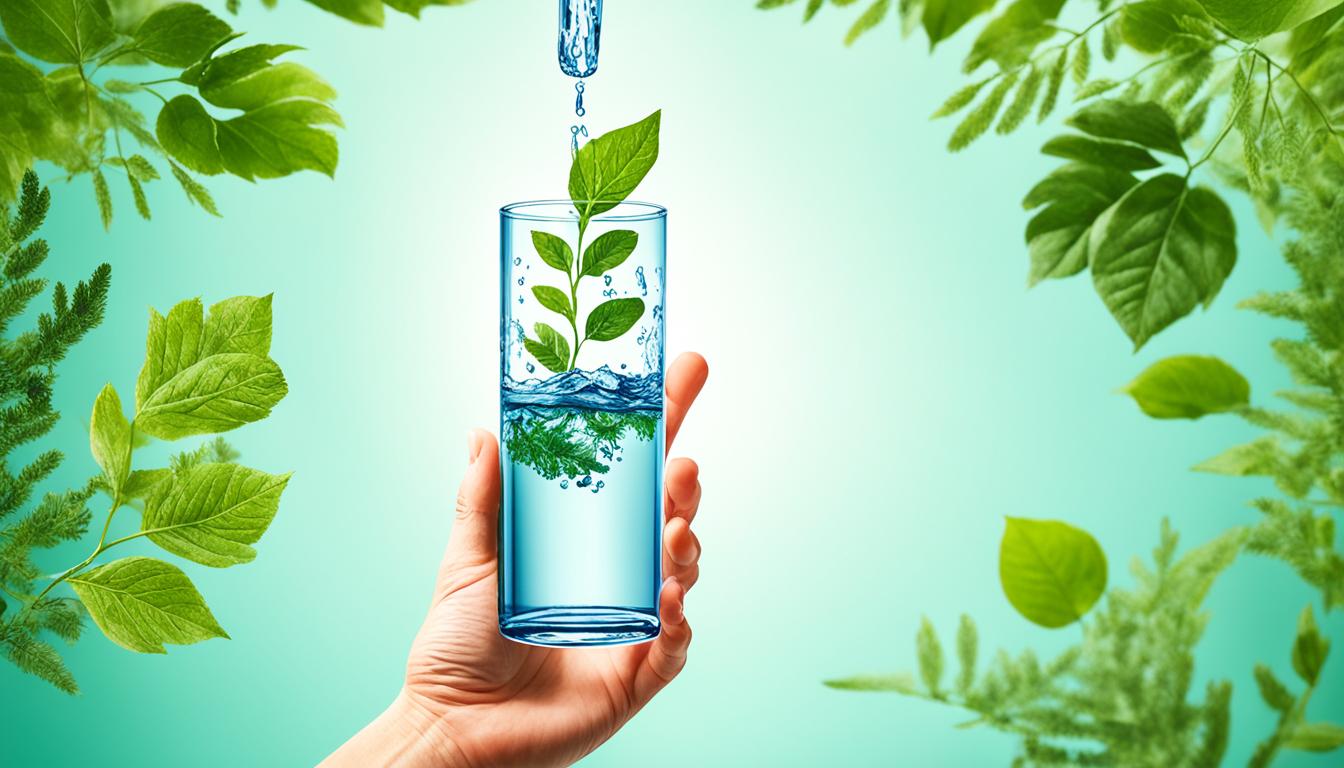 Create an image that conveys the idea of authentic marketing strategies by using visual elements such as a hand-drawn sketch of a human hand holding up a transparent glass with water that is sourced from a natural spring, surrounded by greenery and nature-related elements such as leaves, twigs, and flowers. The water inside the glass should appear pure and untainted, representing transparency and authenticity in marketing. The overall color palette should be natural and earthy to reinforce the connection to nature.