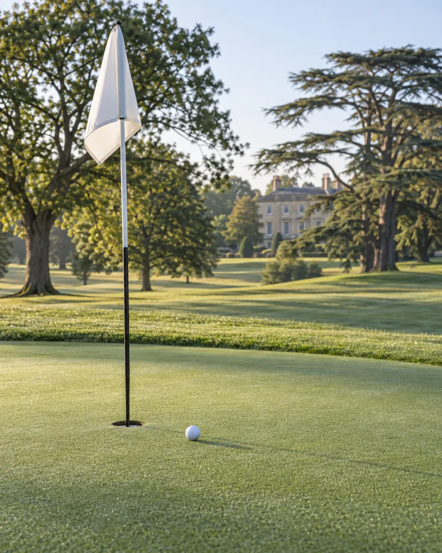 A white flag in the hole on a dewy green, a ball resting a foot from the cup, cedars and the House behind