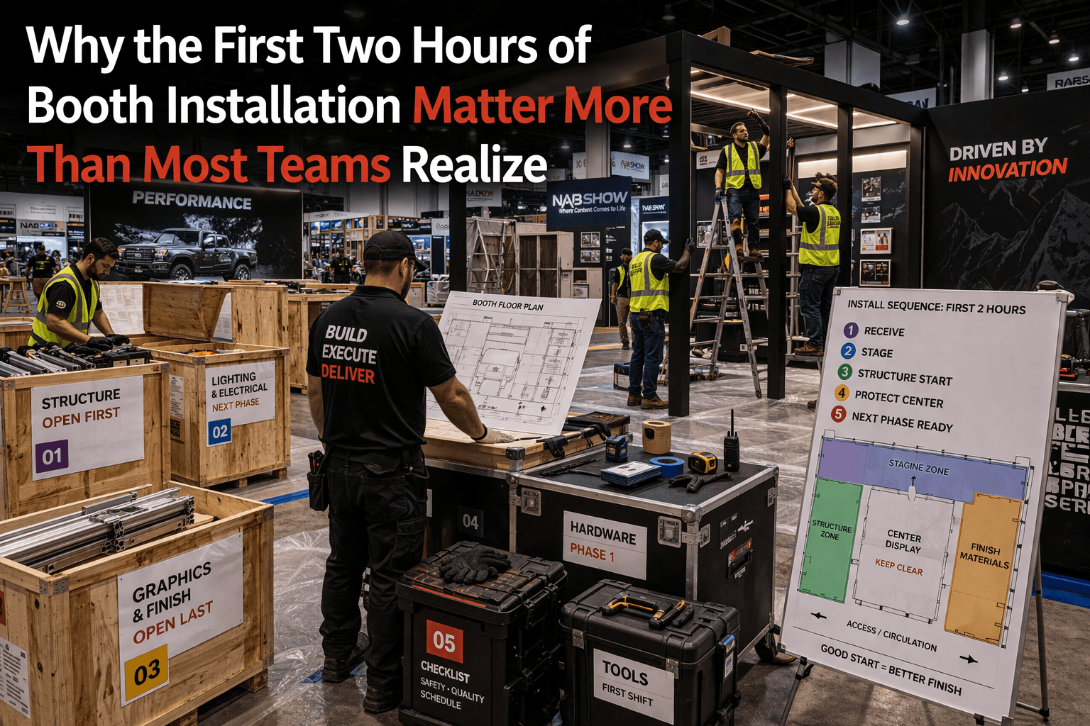 Trade show booth installation first shift with structure start, opened crates, floor plan, and early-stage crew activity shaping the build sequence