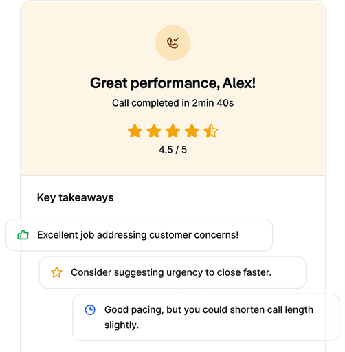 Visual showcasing the feature ‘AI generated feedback,’ which provides agents with instant AI-driven insights after calls. The design includes a summary of performance, such as a 4.5/5 rating, key takeaways like ‘Excellent job addressing customer concerns!’ and suggestions for improvement, such as ‘Consider suggesting urgency to close faster,’ helping agents refine their sales techniques.