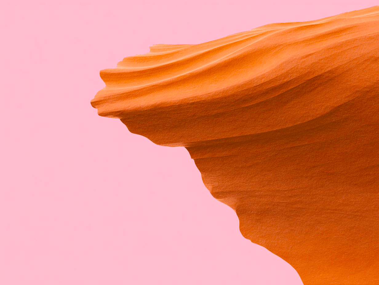 Close-up of an orange sandstone formation with smooth, wave-like curves against a pastel pink background, conveying a serene and abstract aesthetic.