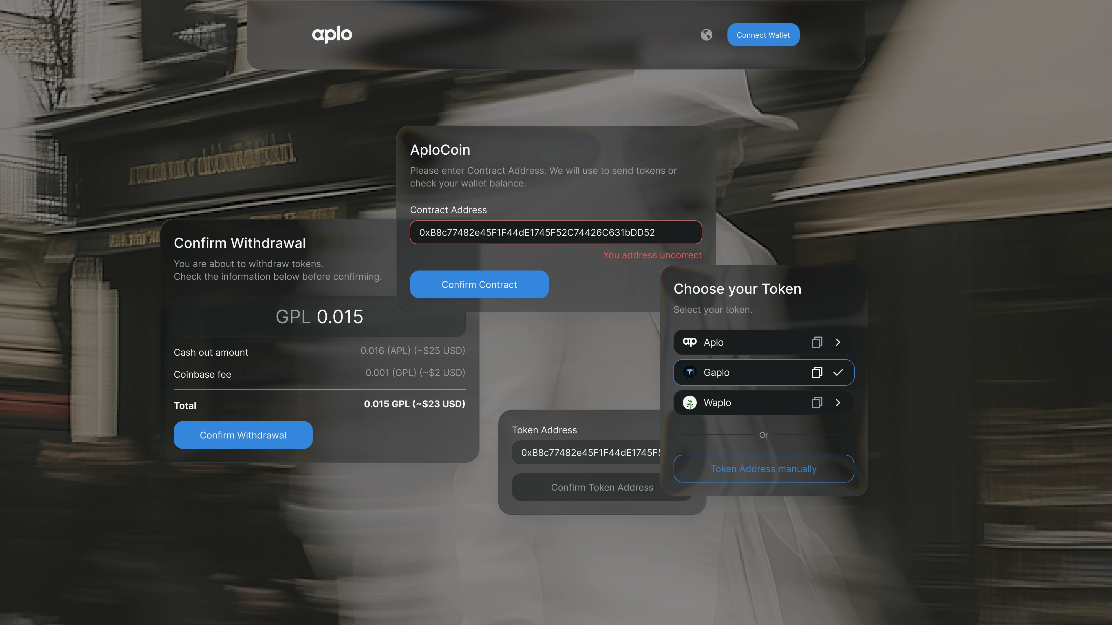 Aplocoin swap interface for fast token‑to‑token exchange, fee estimation and decentralized finance operations.