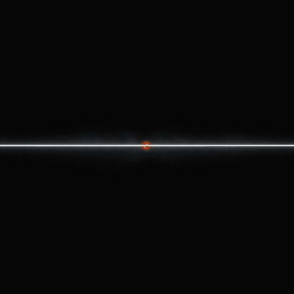 A single thin line of light bisecting black void, broken at center where it glows orange