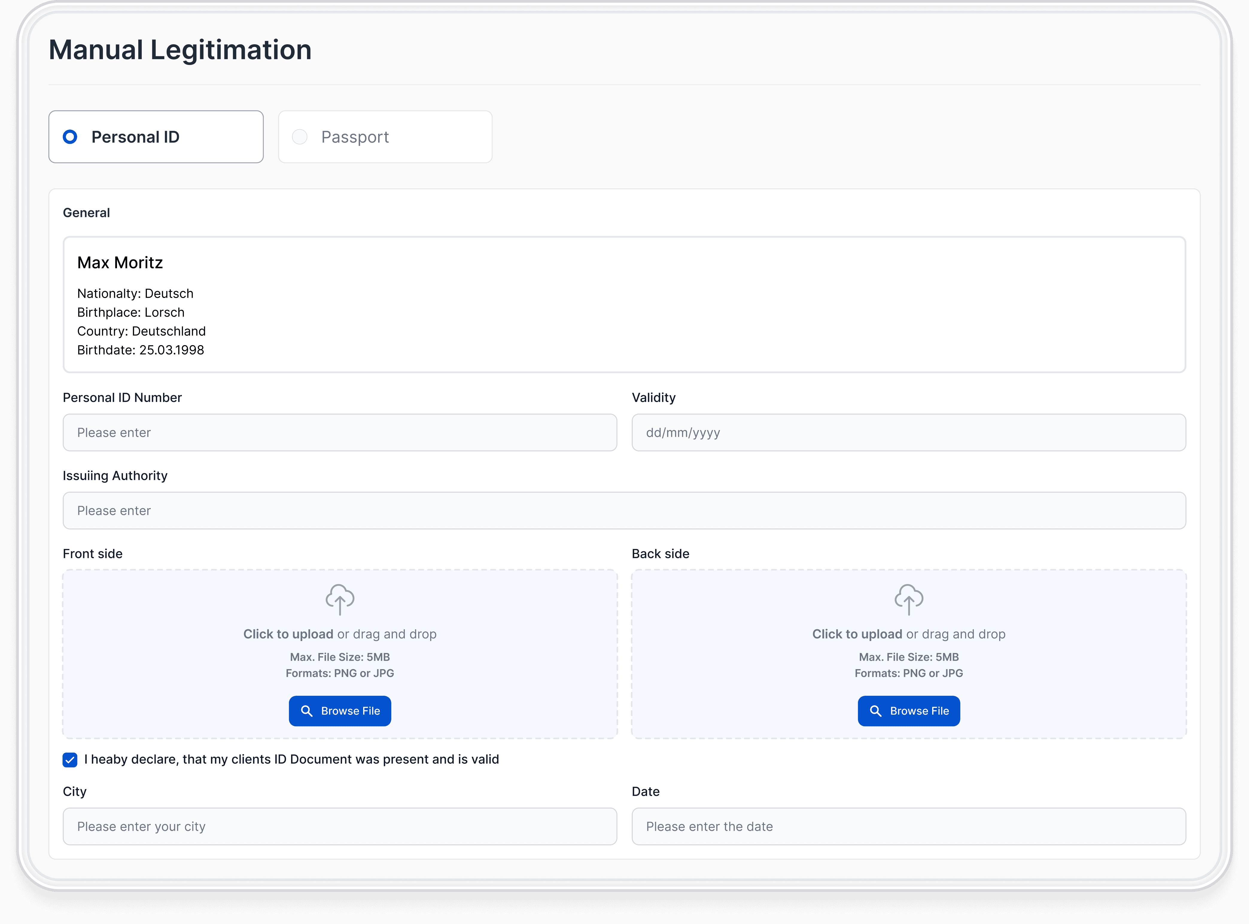 Close-up of the manual legitimization screen showing input fields for ID verification, document upload, and user details.