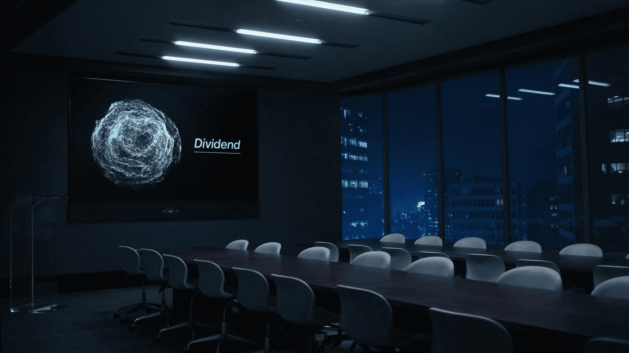 Modern conference room with a presentation displayed on a large screen