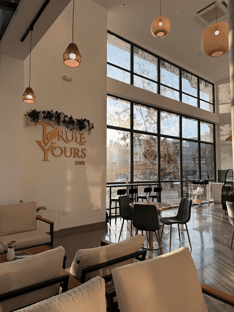 Aesthetic interior of neighborhood matcha and coffee cafe named Trule Yours Cafe in Seattle