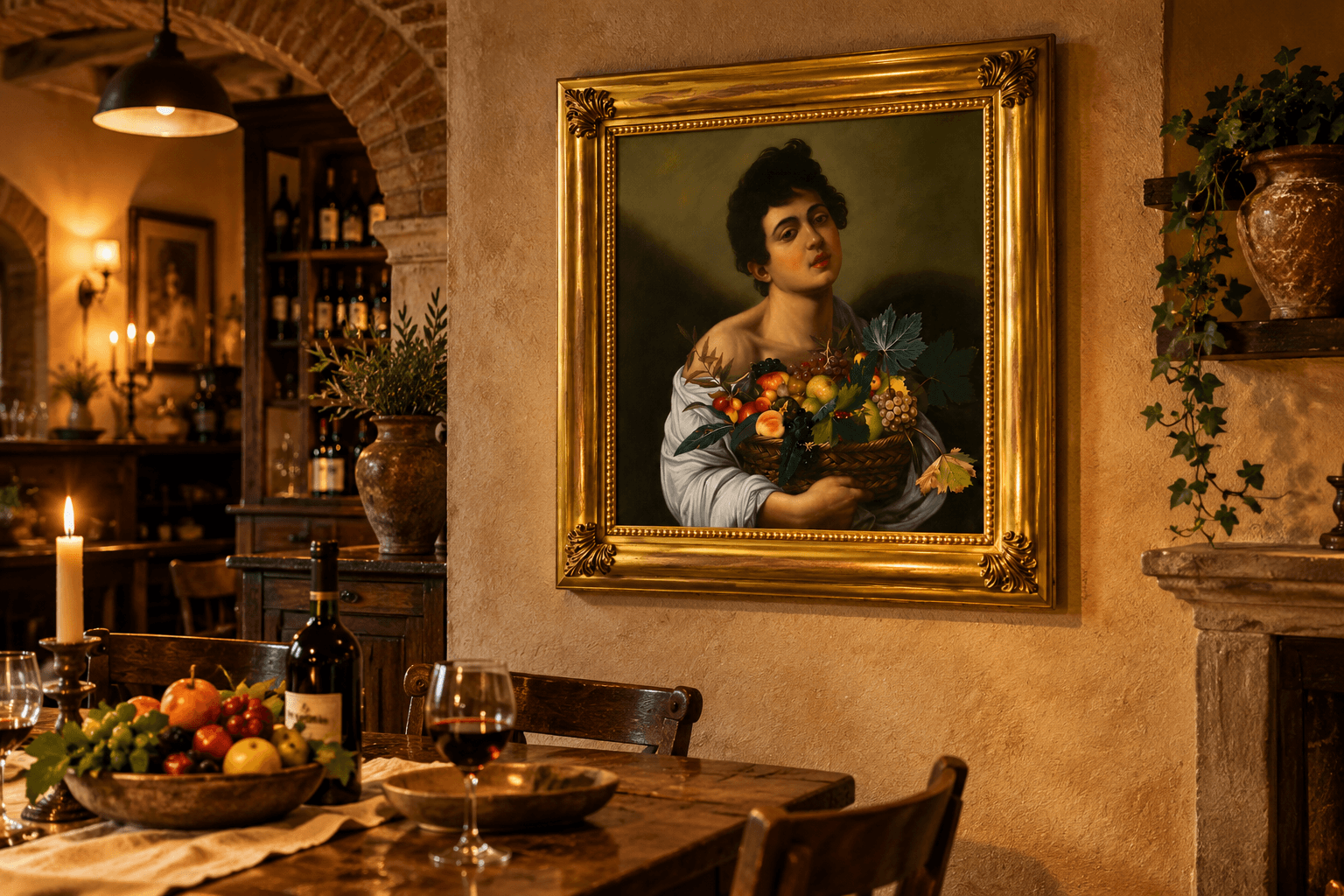 Fanciullo con canestra di frutta di Caravaggio ambientato in un interno, riproduzione dipinta a mano ad olio su tela, copia d'autore - Atelier della Copia d'Autore