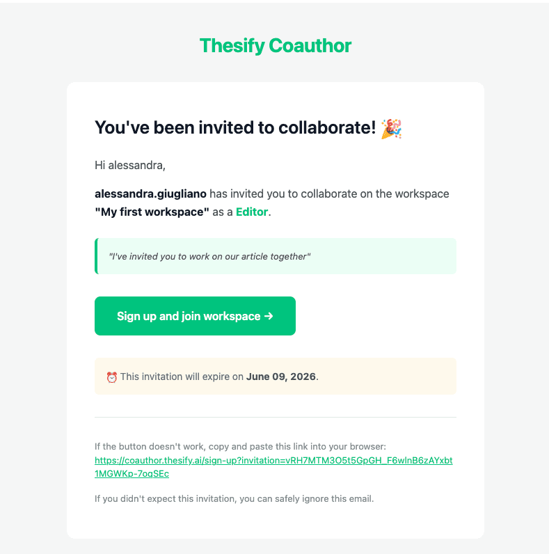 Email invitation from thesify Coauthor asking a co-author to join a shared manuscript workspace