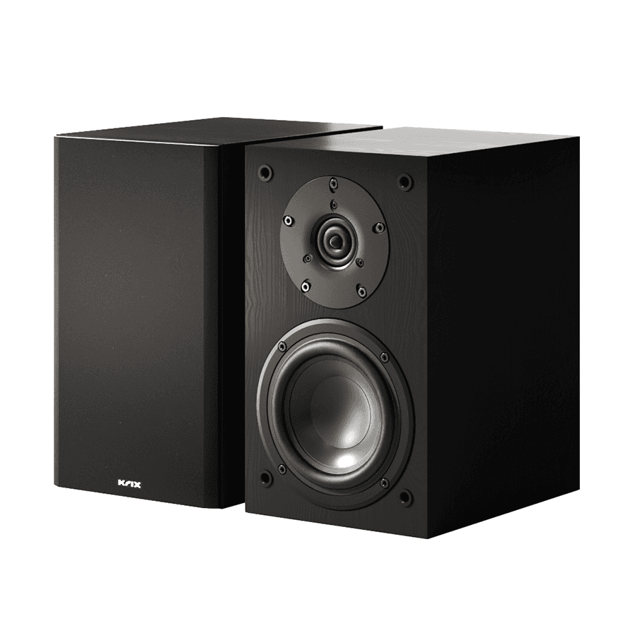 Two black bookshelf speakers with KAX logo
