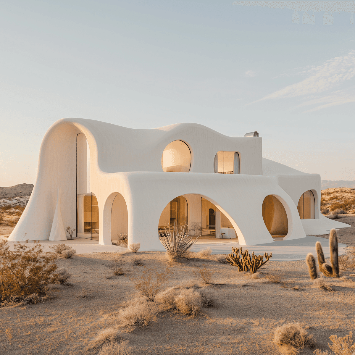     White sculptural villa in a desert landscape at sunset