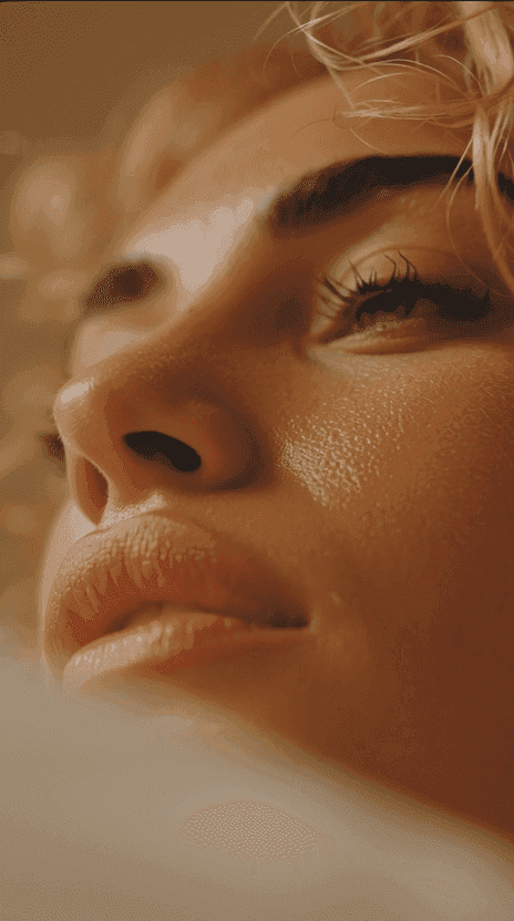 Close-up of a woman's serene face in warm lighting, eyes gazing upward, highlighting her soft expression and textured skin. Mood is calm and contemplative.