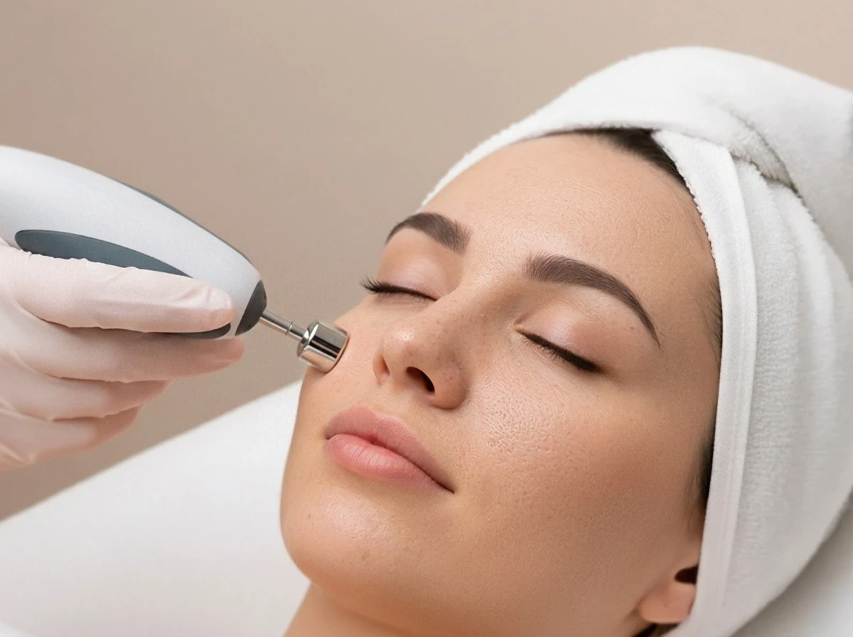 Ādas mitruma diagnostikas ierīce kakla zonā sejas procedūras laikā.