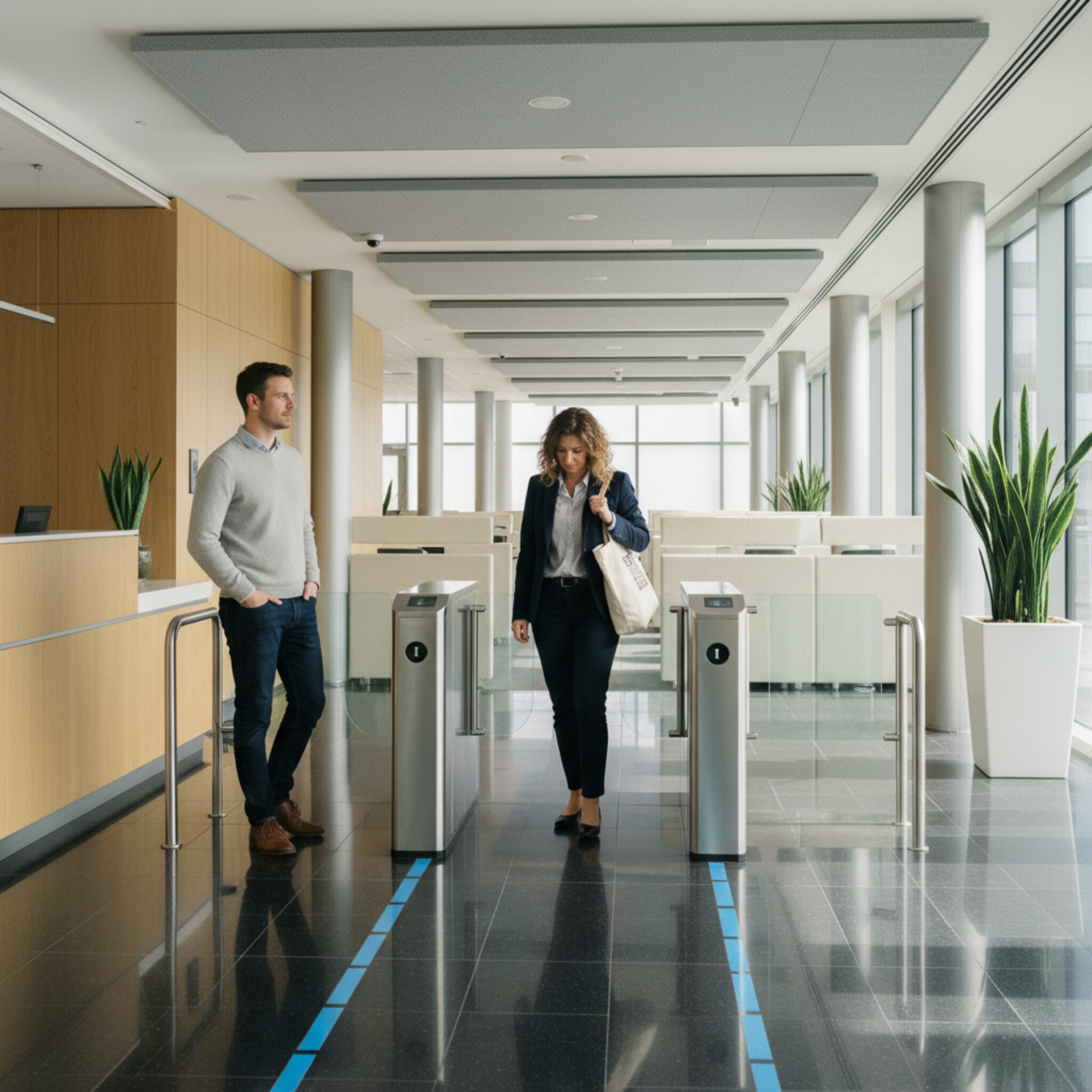 Ein Eingangsbereich mit glänzenden Bodenfliesen öffnet sich zu einer Schleuse, dahinter ruhige Arbeitszonen. Eine Kollegin hält kurz inne, während ein Kollege einen Bereich freimacht. Die Wege sind eindeutig markiert. Die Atmosphäre vermittelt reibungslose Abläufe und stille Sicherheit. Nichts wirkt überladen oder zufällig.