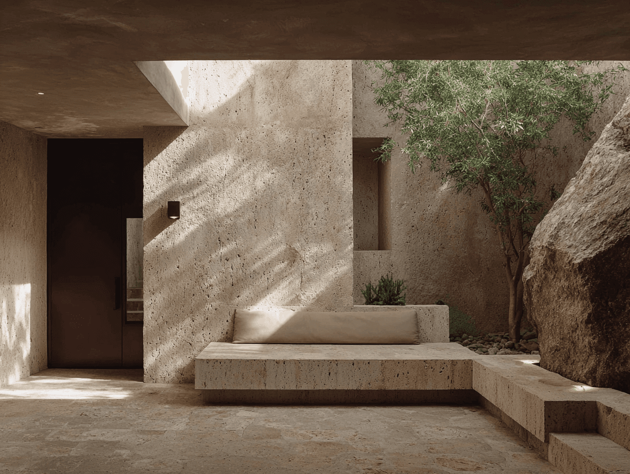 A serene stone courtyard featuring a built-in bench under an open skywell with natural tree shadows.