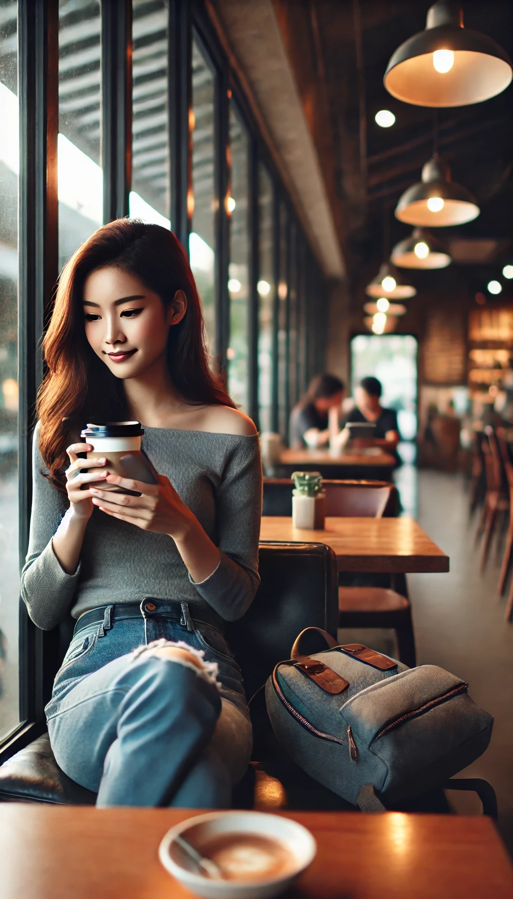 Women leaning against counter taking phone call