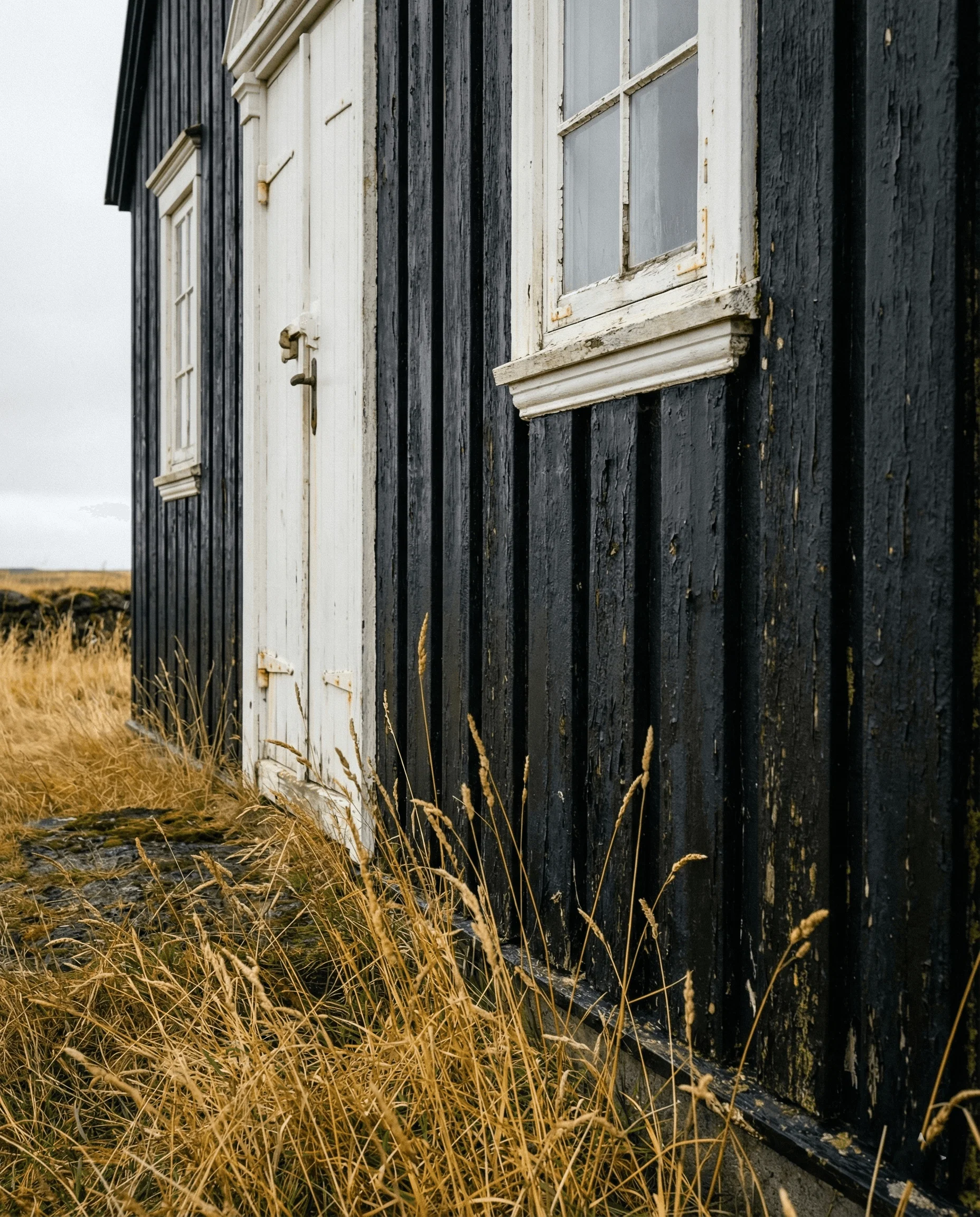 Close-up detail of the side of a black wooden building with white trim, showing the texture of the painted wood and dry grass.